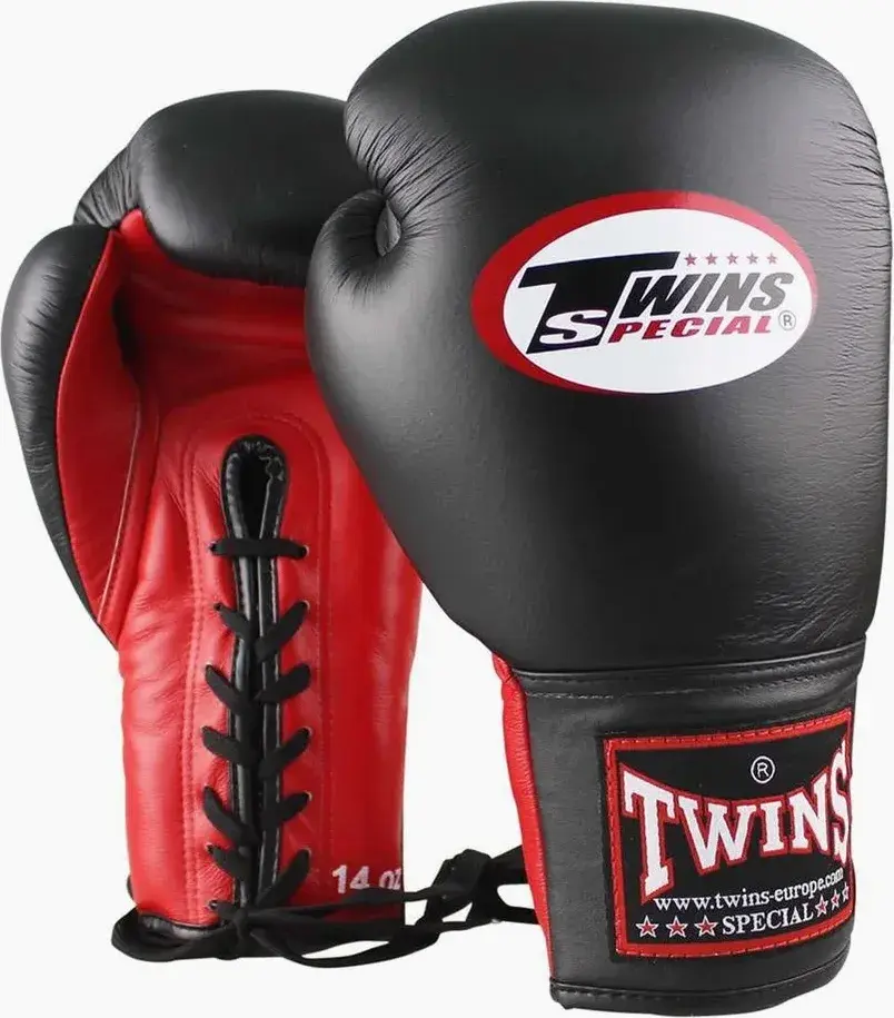 Guantes muay thai Twins Special BGLL-1 negro-rojo con cordones